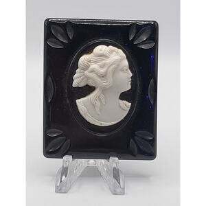 Vintage Black White Cameo Brooch Large Rectangular Carved Plaque Pin